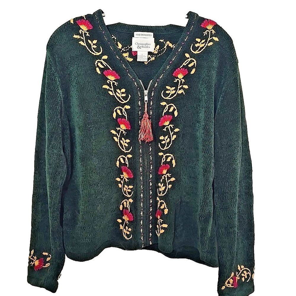 Vintage Fall Cardigan Sweater L Green Chenille Embroidered Zip Christopher Banks